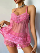 Pink mesh lace pajama set with lace-trim cami and polka-dot sheer ruffle shorts