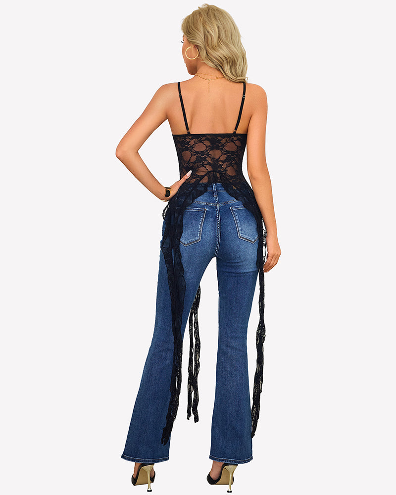 Black lace camisole top, back view, thin straps and long fringe ruffle overlay