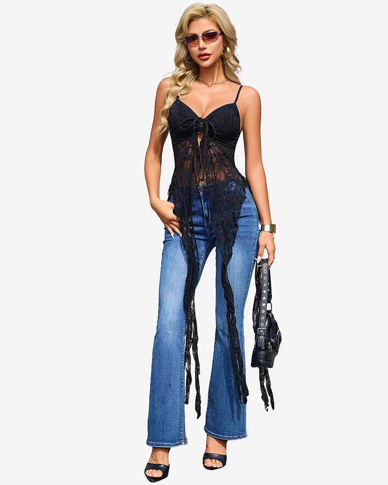 Black lace camisole top with V-neck tie front and long fringe ruffle overlay
