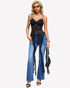 Black lace camisole top with V-neck and tie-front bow, long dangling ruffle strips