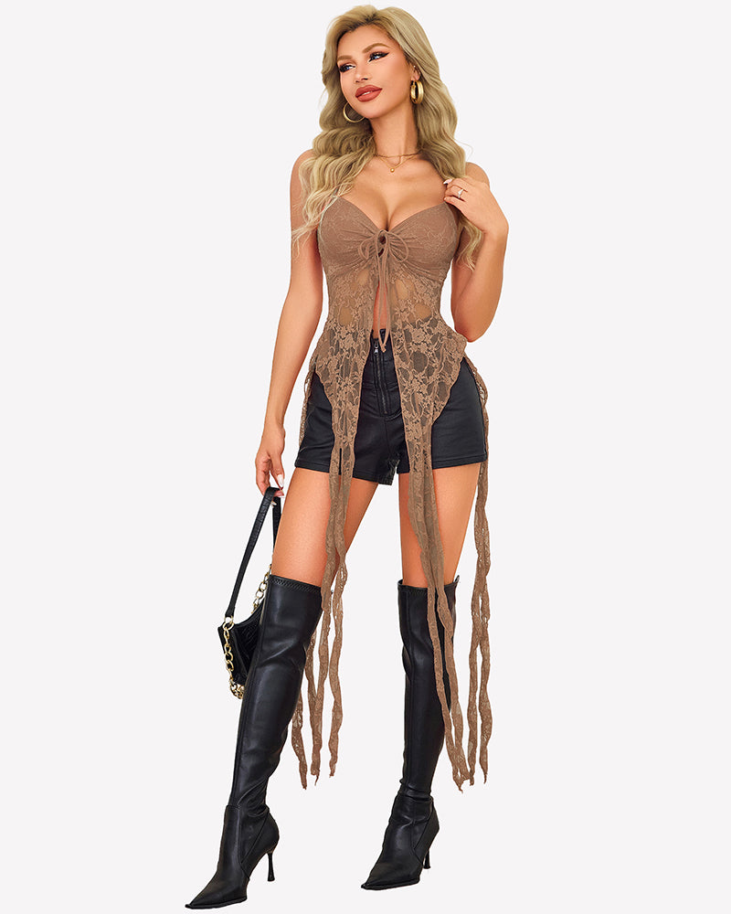 Brown lace camisole top with V-neck tie front and long fringe ruffle overlay