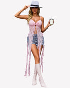 Pink lace camisole top with V-neck tie front and long hanging fringe