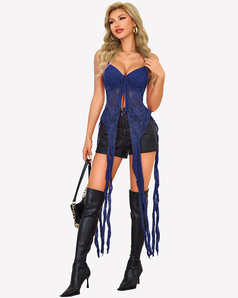 Navy lace camisole top with V-neck tie front and long fringe ruffle overlay