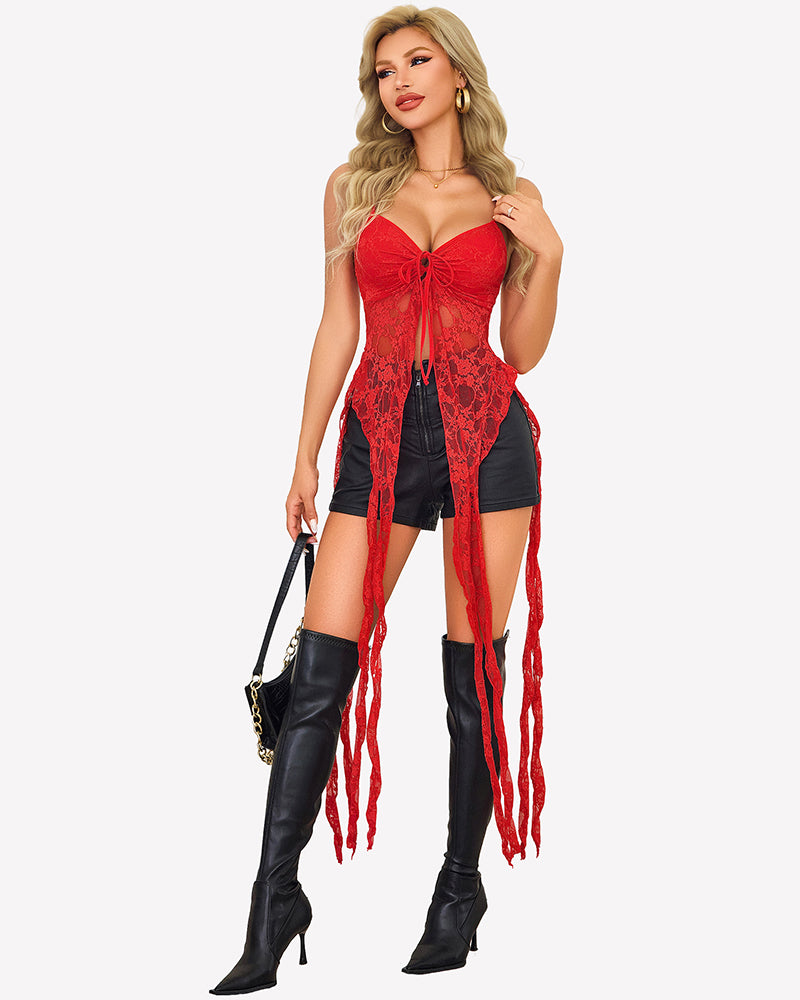 Red lace camisole top with V-neck tie front and long fringe ruffle overlay