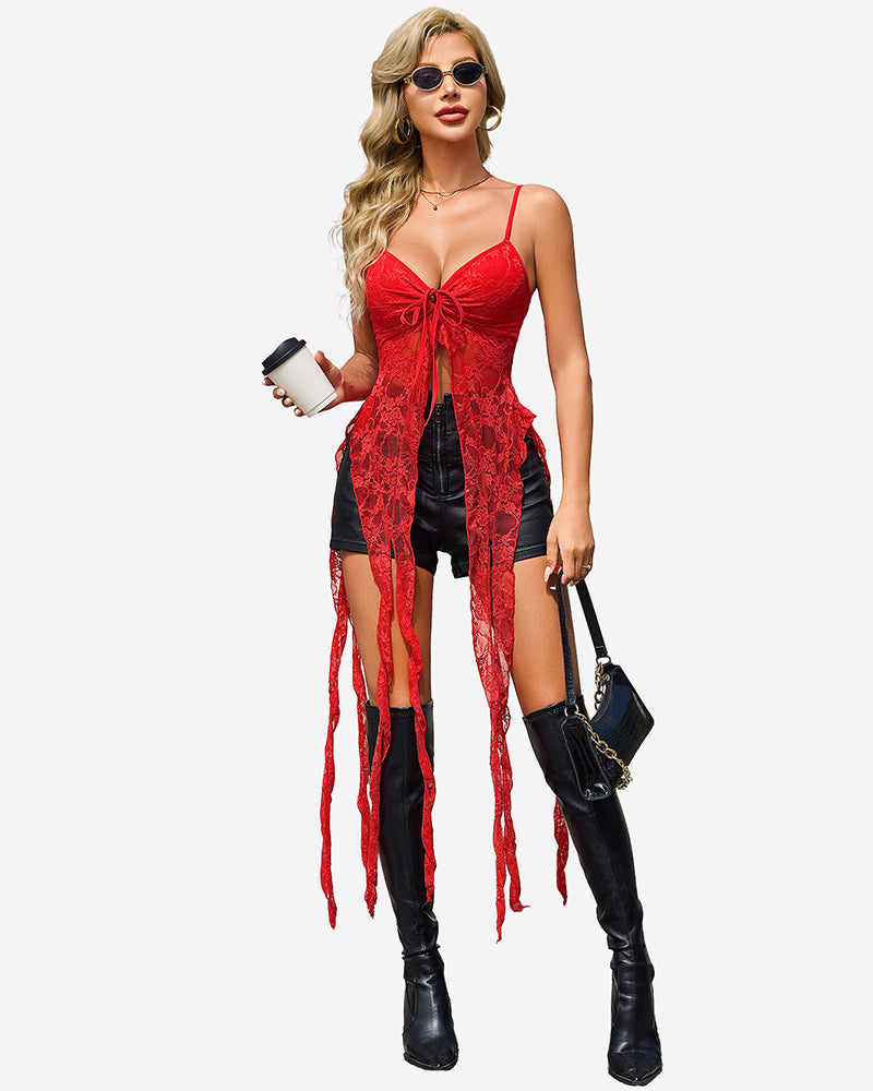 Red lace ruffle camisole top with V-neck tie and fringe hem