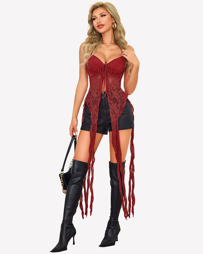 Red lace ruffle camisole top with V-neck tie, layered ruffle fringe