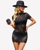 Black sheer lace mini dress, high neck, short sleeves, fitted bodycon silhouette