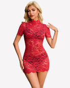 Red sheer lace mini dress with high neck and short sleeves, bodycon fit