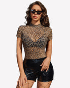 Leopard sheer mesh short-sleeve top with high neck and fitted cut