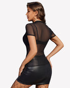 Black sheer mesh short-sleeve top with open back cut and fitted shape