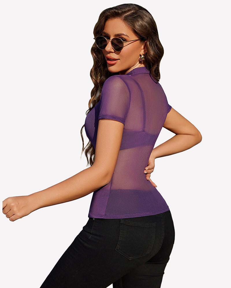Purple sheer mesh short-sleeve top, side/back view