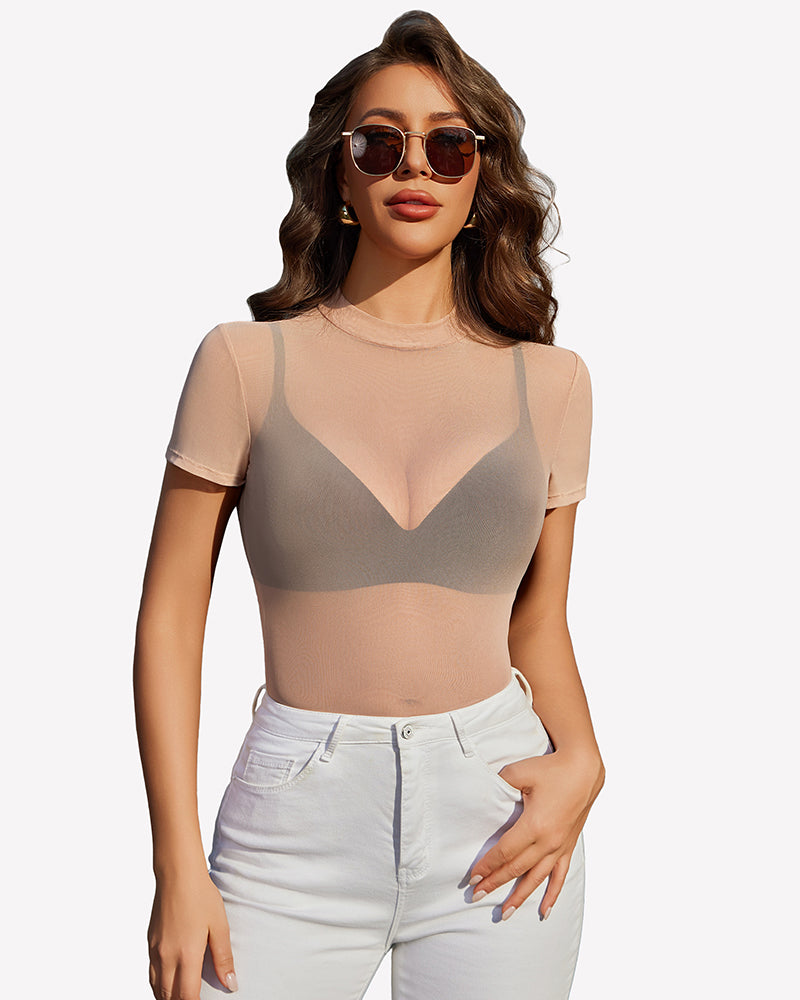 Light tan sheer mesh top with V-shaped yoke, short sleeves.