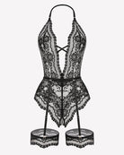Black lace halter teddy bodysuit with front cutout and garter top cuffs