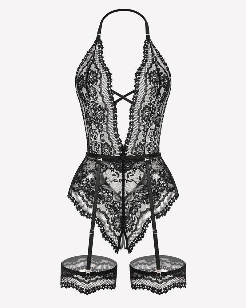Black lace halter teddy bodysuit with front cutout and garter top cuffs
