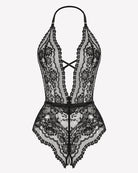 Black lace halter teddy bodysuit front view with cutout and garter cuffs