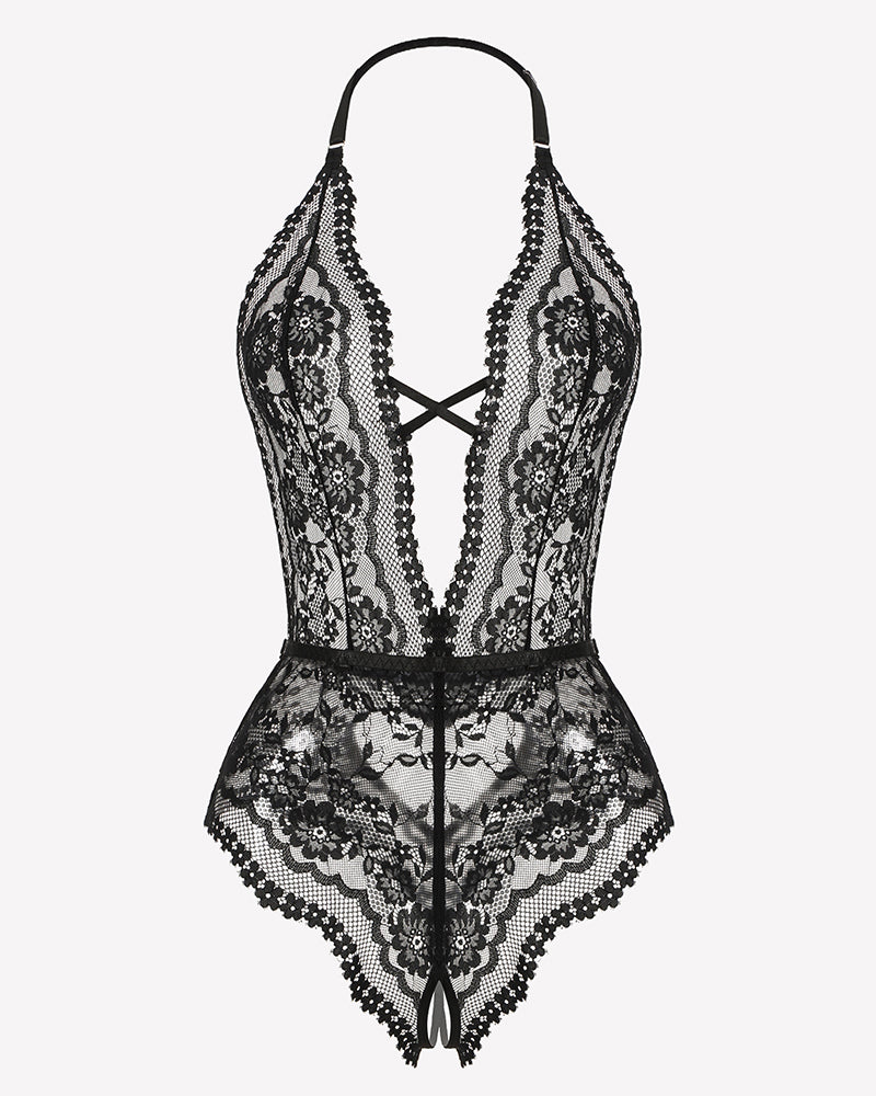 Black lace halter teddy bodysuit front view with cutout and garter cuffs
