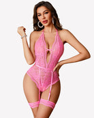 Pink deep V lace teddy bodysuit with cutout front and garter straps