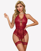 Burgundy deep V lace teddy bodysuit with cutout front and garter straps