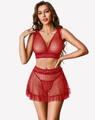 Red lace mesh V-neck crop top bralette with matching mini skirt set