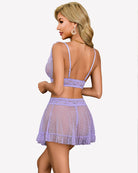 Lace mesh crop top and mini skirt set, lilac back view with crisscross straps