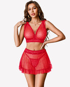 Red lace trim lace mesh V-neck crop top and sheer mini skirt set