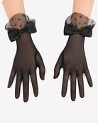 Black mesh short gloves with large bow at wrist and dotty cuff panels
