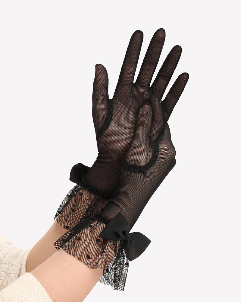 Black mesh short glove with bow ribbon and polka-dot cuff detail on wrist