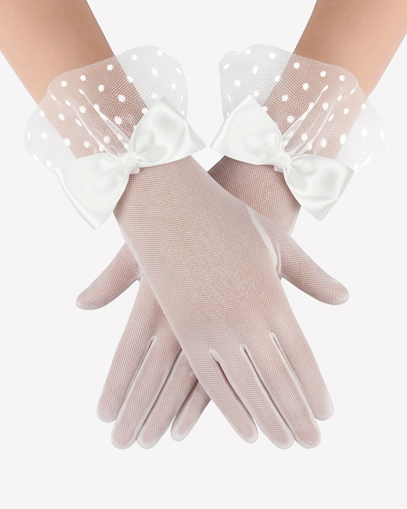 White mesh short gloves with polka-dot overlay and white bow ties at wrist