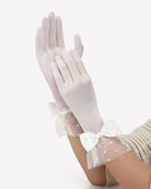 White mesh short gloves with bow ribbon cuff and polka-dot mesh panel detail