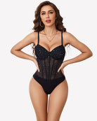 Black sheer mesh sparkle bodysuit with square neckline, underwire cups, thin straps.