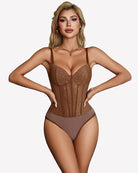 Brown sparkle sheer mesh bodysuit with underwire cups and vertical corset lines