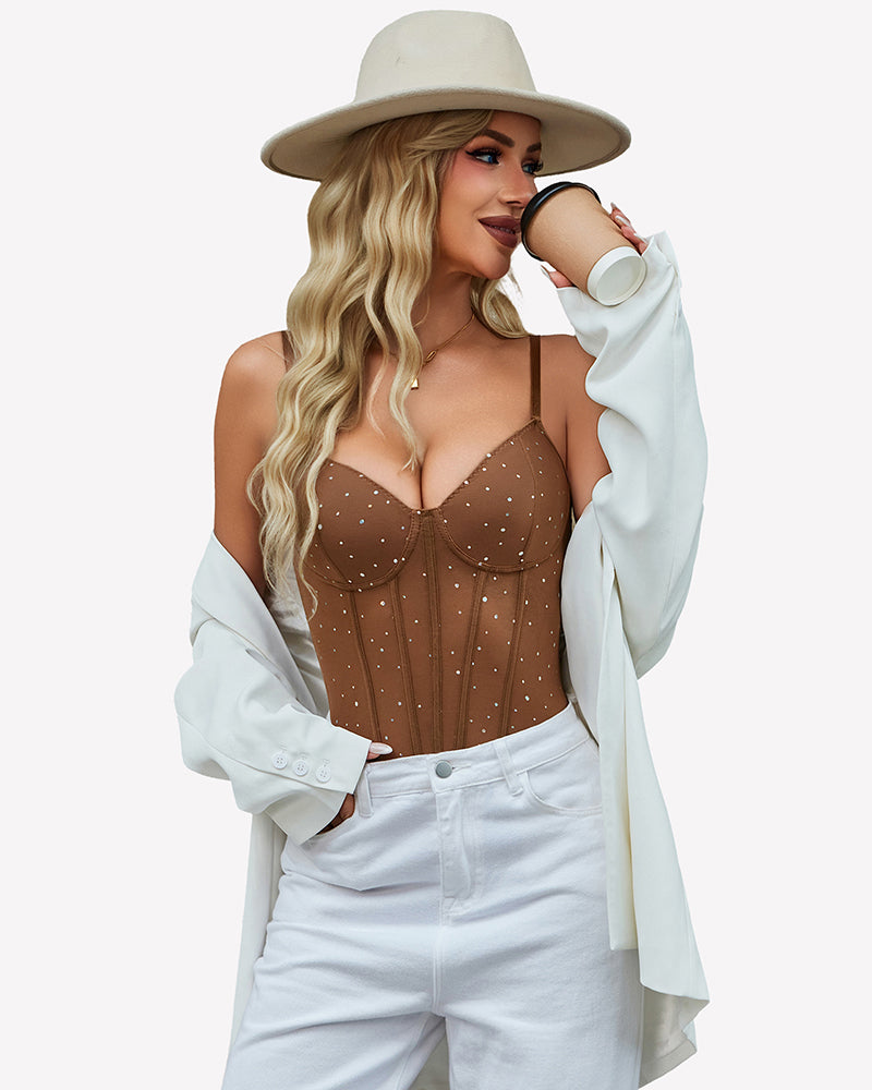 Brown sparkle sheer mesh bodysuit with underwire cups and corset panel detail