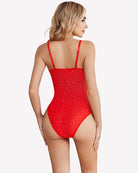 Red sparkle sheer mesh bodysuit with thin straps, back view