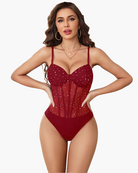 Wine red sparkle sheer mesh bodysuit with underwire cups and thin shoulder straps