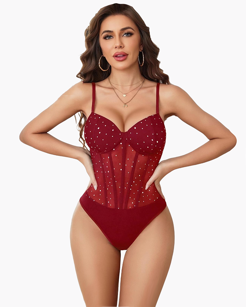 Wine red sparkle sheer mesh bodysuit with underwire cups and thin shoulder straps