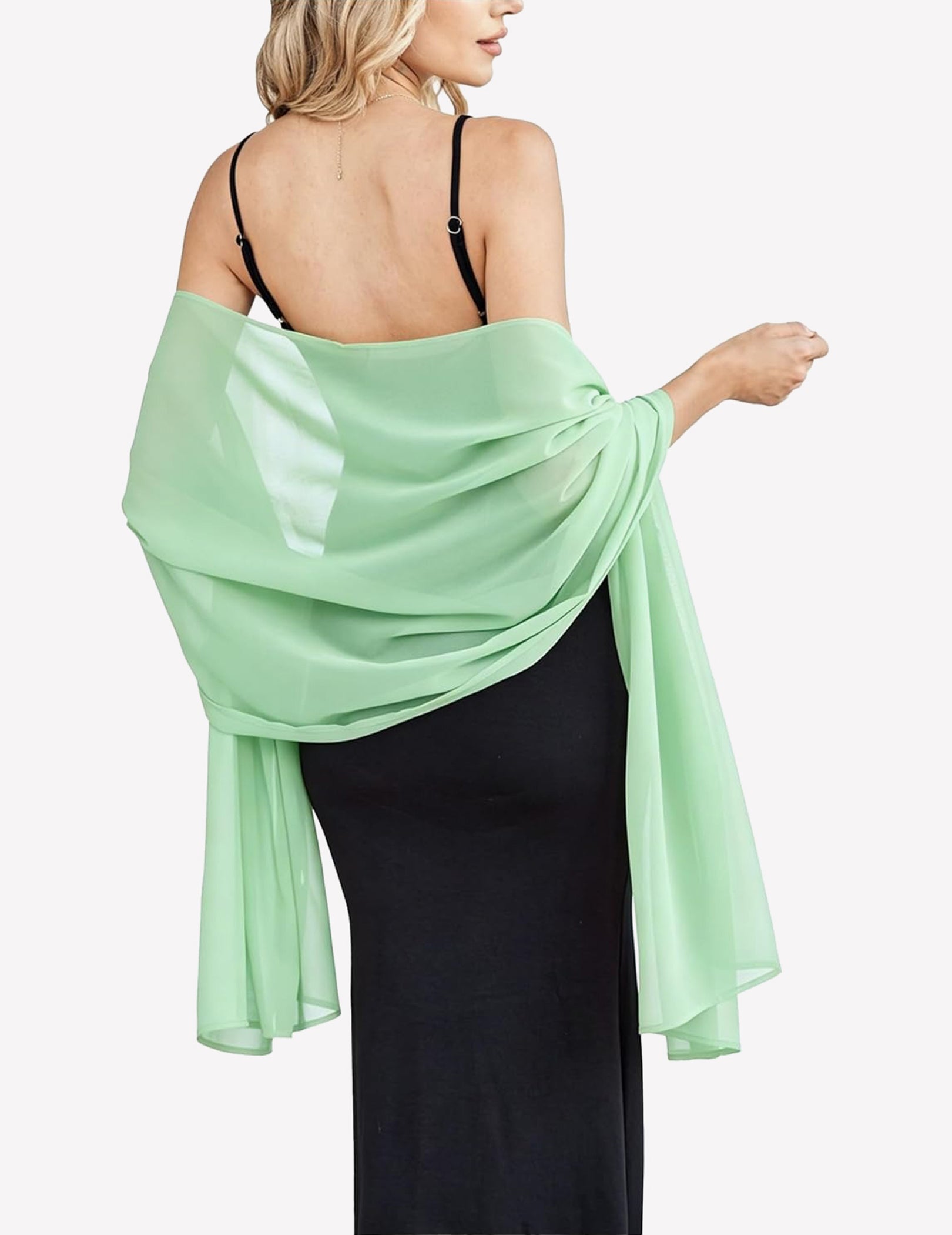 Ice green sheer chiffon shawl scarf wrap with flowing drape and gathered twist at shoulder