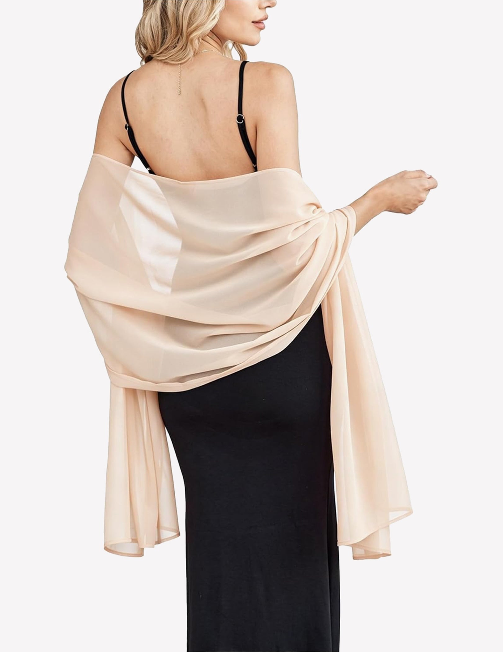 Champagne sheer chiffon shawl scarf wrap with flowing drape and gathered twist at shoulder