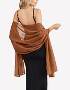 Light brown sheer chiffon shawl scarf wrap with flowing drape and gathered twist at shoulder