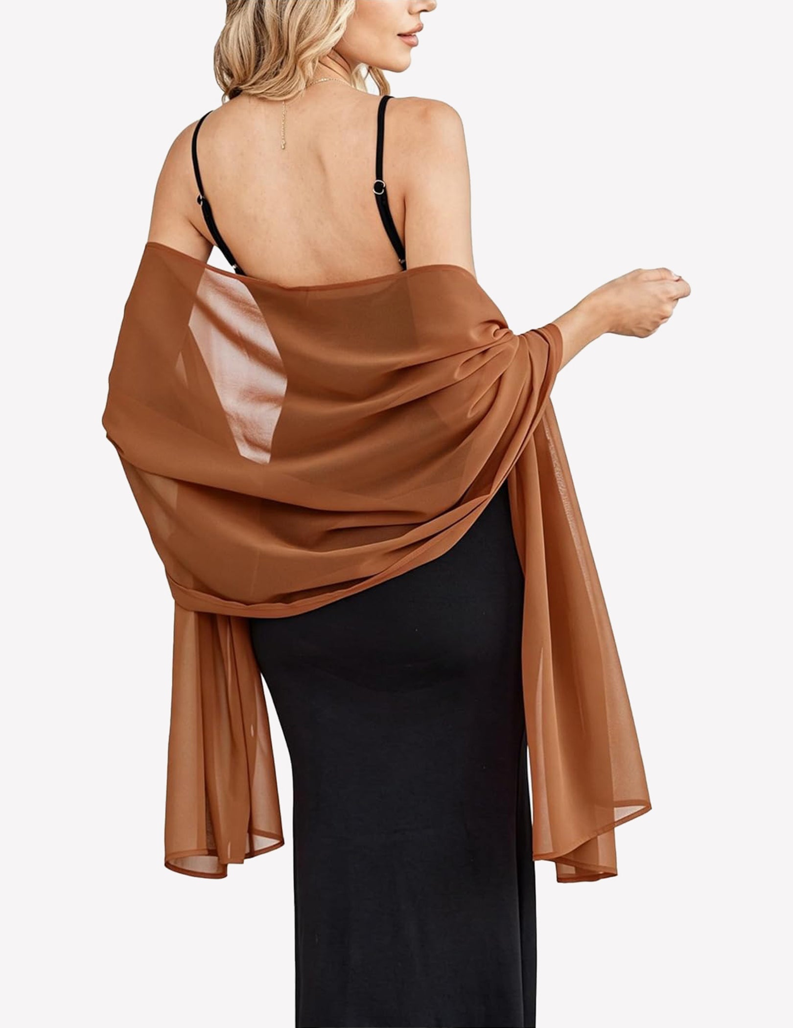 Light brown sheer chiffon shawl scarf wrap with flowing drape and gathered twist at shoulder