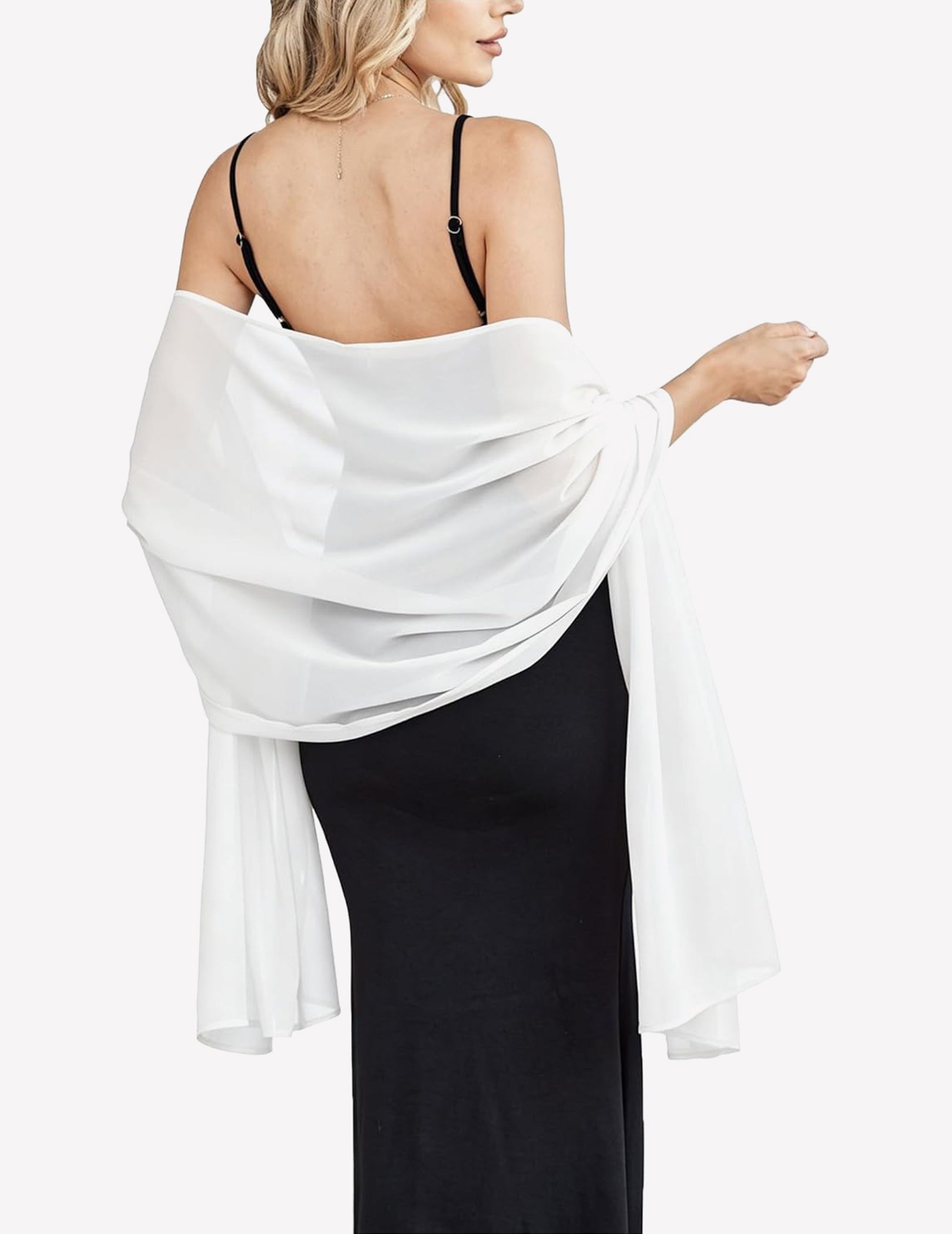 White sheer chiffon shawl scarf wrap with flowing drape and gathered twist at shoulder
