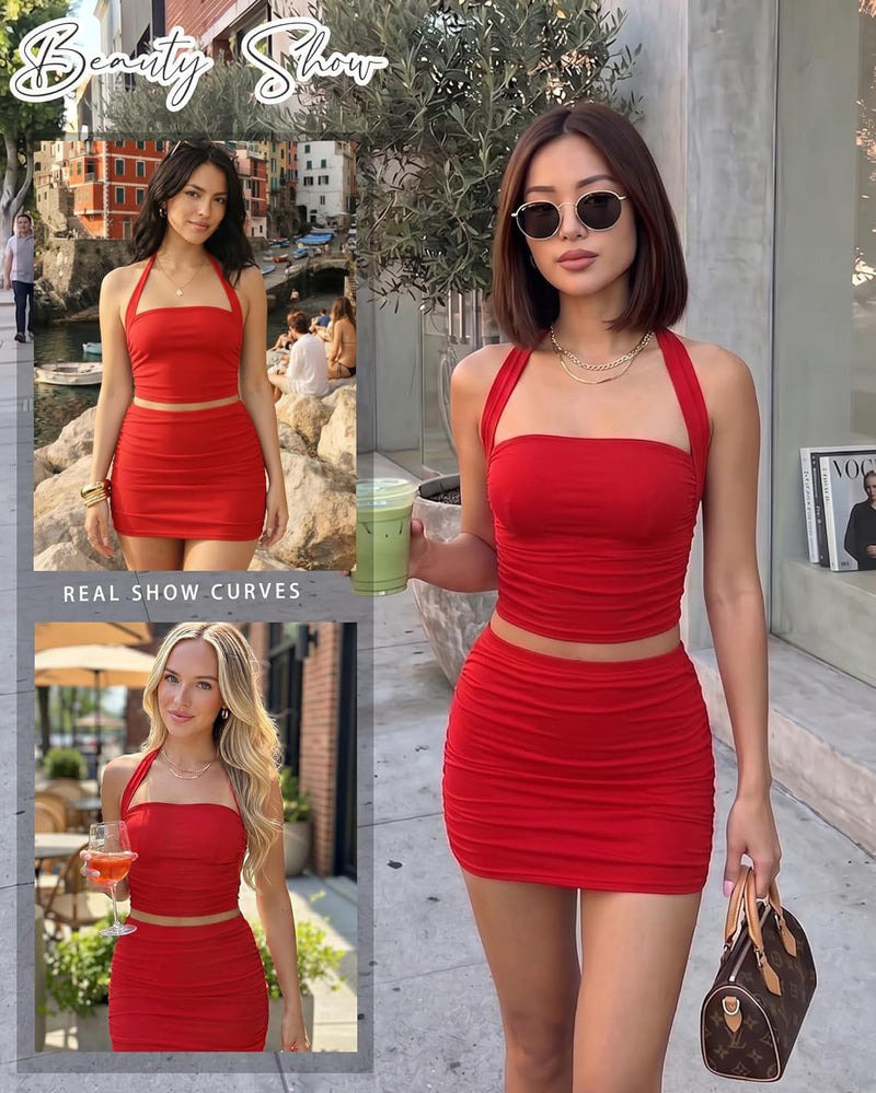 Red halter mesh crop top and bodycon mini skirt set