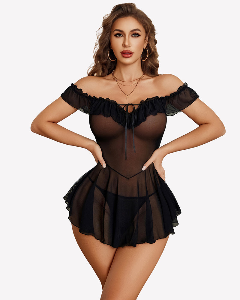 Black sheer mesh chemise with off-shoulder ruffle trim and drawstring V-neck front.