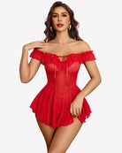 Red sheer mesh chemise with off-shoulder ruffle trim and short flared skirt hem.