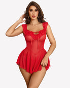Red sheer mesh chemise with off-shoulder ruffle neckline and layered mini skirt.