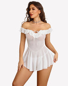 White sheer mesh chemise with off-shoulder ruffle, V neckline, and short flared skirt