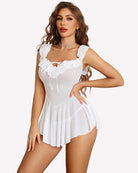 White sheer mesh chemise with off-shoulder ruffle and lace-up V front, flared hem