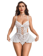 White lace corset bodysuit with ruffle hem and crisscross front lacing