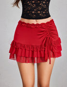 Red high waist ruffle mini skort with layered tiers and ruched front drawstring