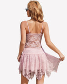 Light pink lace crop top and mini skirt set from back view, spaghetti straps