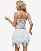 White lace crop top and mini skirt set from back view with spaghetti straps